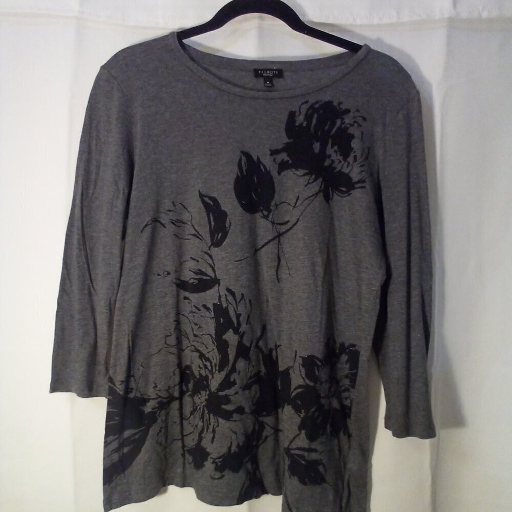 Talbots Shirt Women M 3/4 Sleeve Floral Gray Black